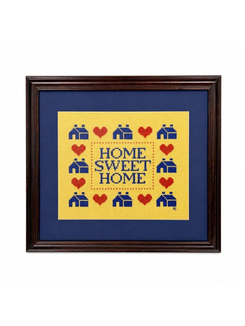 Framed Wall Art Home Sweet Home Cross Stitch Houses Hearts Vintage Primitive Far